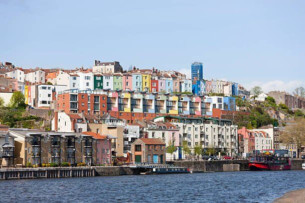"Georgian and modern townhouses at Bristol docks, England."